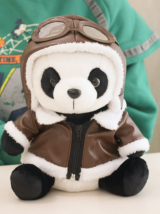 Authentic Leather Coat Pilot Panda Doll Plush Toys Birthday Gift Cute Doll Same Style as Chengdu Base