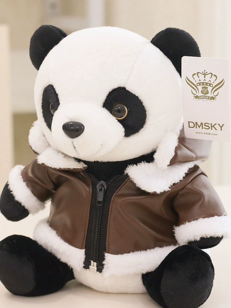 Authentic Leather Coat Pilot Panda Doll Plush Toys Birthday Gift Cute Doll Same Style as Chengdu Base