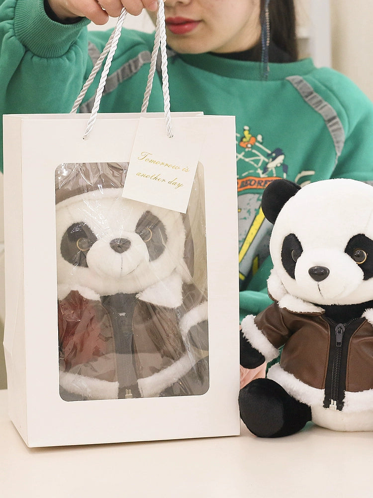 Authentic Leather Coat Pilot Panda Doll Plush Toys Birthday Gift Cute Doll Same Style as Chengdu Base