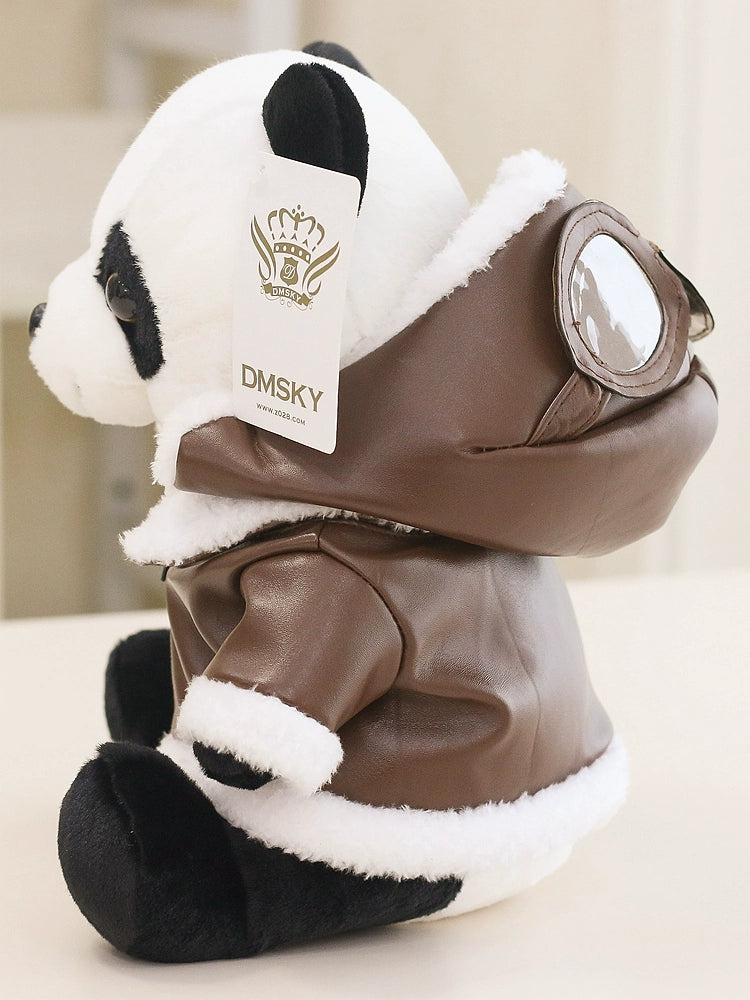 Authentic Leather Coat Pilot Panda Doll Plush Toys Birthday Gift Cute Doll Same Style as Chengdu Base