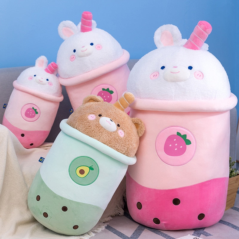 Adorable Cartoon Animals Boba Tea Plush Toy Stuffed Avocado Brown Bear Pink Strawberry Bunny Milk Tea Cup Toy Big Hug Pillow Toy