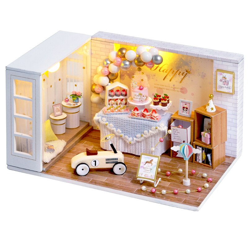 Doll House Furniture Diy Miniature Dust Cover 3D Wooden Miniaturas Dollhouse Toys for Children Birthday Gifts Cake Diary H14