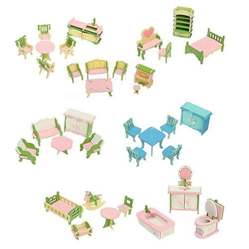 Wooden Miniature Doll House Furniture Room Set Toy Xmas Gift for Child Kids