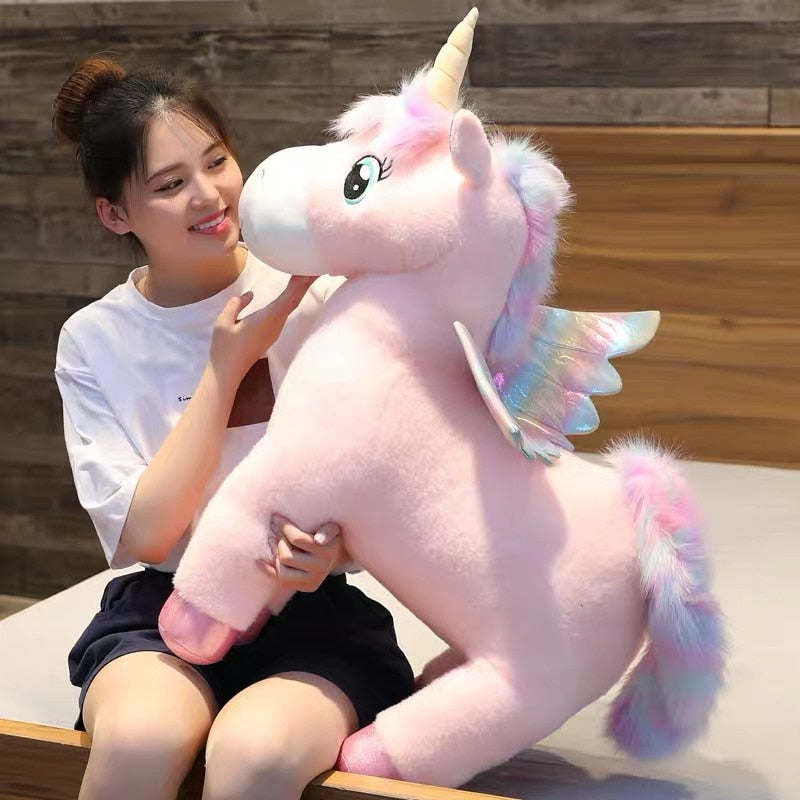 30~80cm Unique Glowing Wings Unicorns Plush toy Giant Unicorn Stuffed Animals Doll Fluffy Hair Fly Horse Toy for Child Xmas Gift