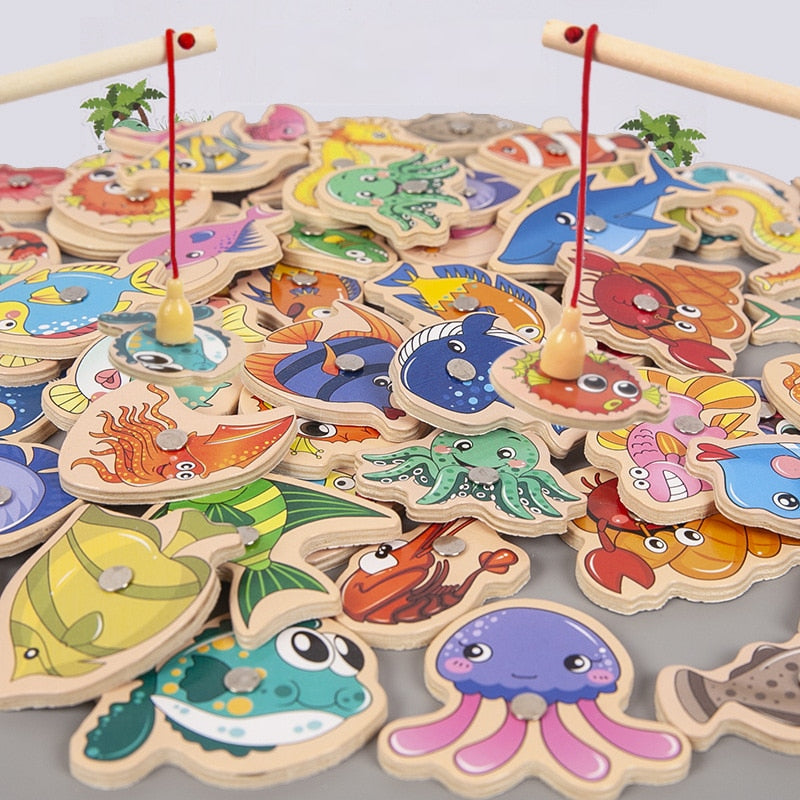 Wooden Magnetic Fshing Game Cartoon Marine Life Cognition Fish Rod Toys for Children Early Educational Parent-child Interactive