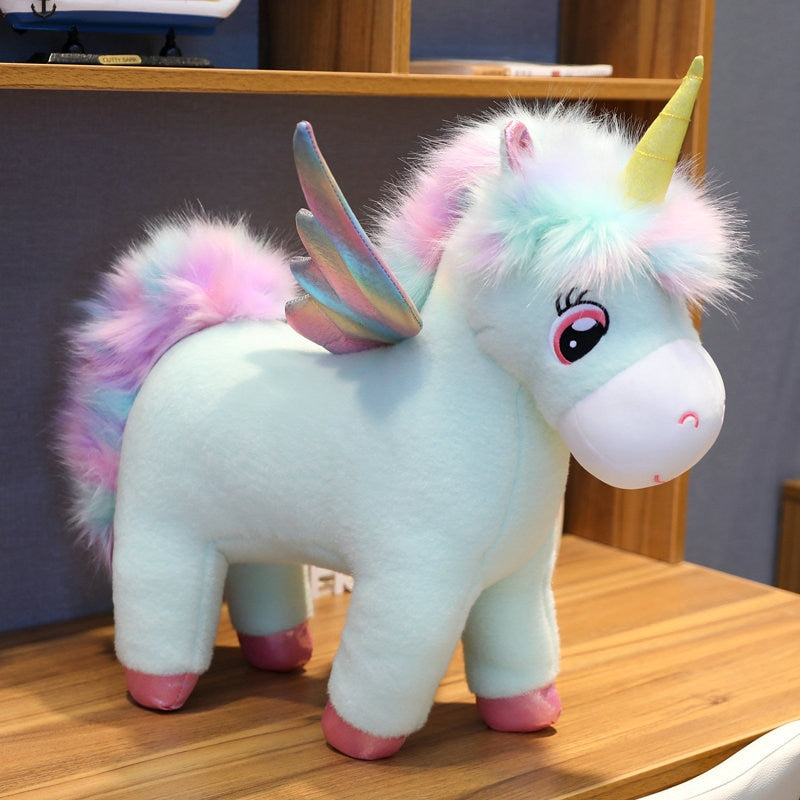 30~80cm Unique Glowing Wings Unicorns Plush toy Giant Unicorn Stuffed Animals Doll Fluffy Hair Fly Horse Toy for Child Xmas Gift