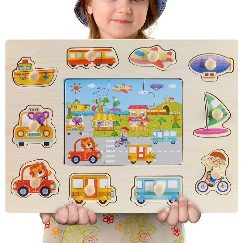 Montessori Wooden Puzzles Hand Grab Boards Toys Tangram Jigsaw Baby Educational Toys Cartoon Vehicle Animals Fruits 3D Puzzles