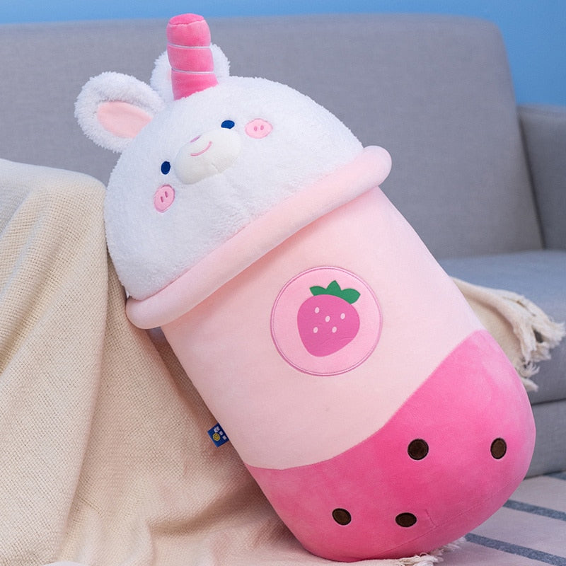 Adorable Cartoon Animals Boba Tea Plush Toy Stuffed Avocado Brown Bear Pink Strawberry Bunny Milk Tea Cup Toy Big Hug Pillow Toy