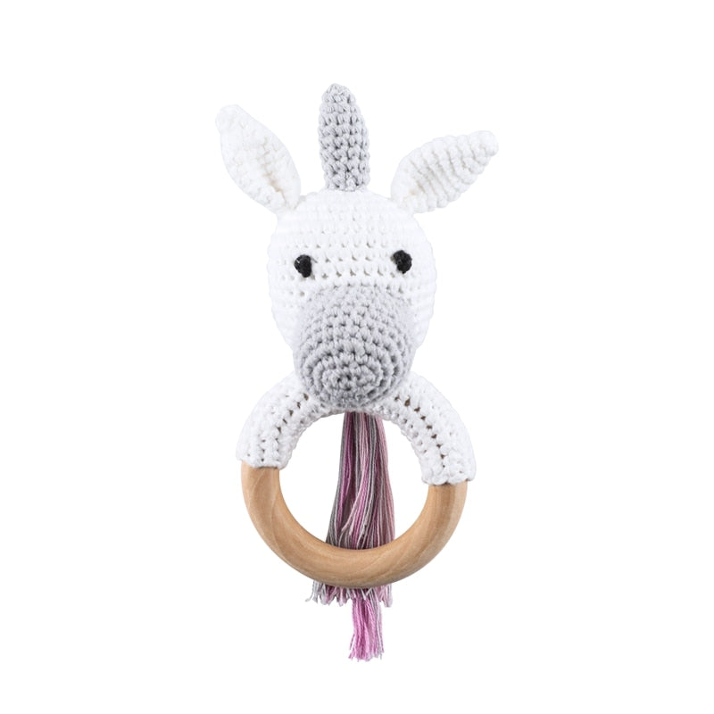 1PC Baby Rattle Toys Cartton Animal Crochet Wooden Rings Rattle DIY Crafts Teething Rattle Amigurumi For Baby Cot Hanging Toy