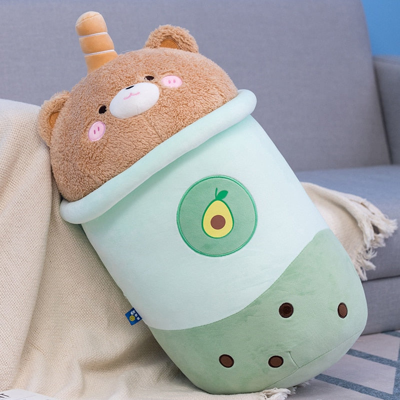 Adorable Cartoon Animals Boba Tea Plush Toy Stuffed Avocado Brown Bear Pink Strawberry Bunny Milk Tea Cup Toy Big Hug Pillow Toy