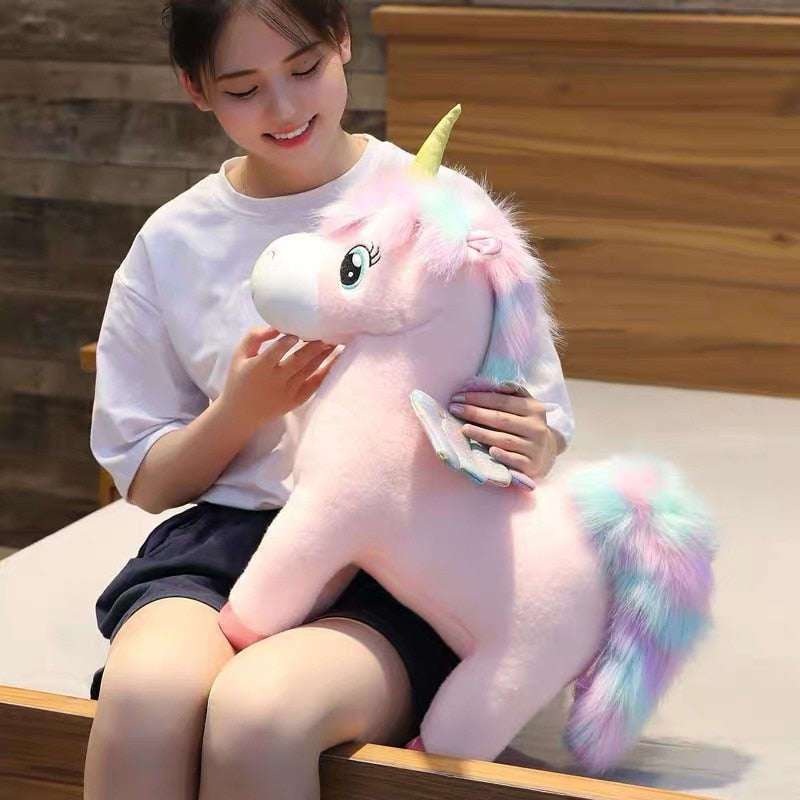 30~80cm Unique Glowing Wings Unicorns Plush toy Giant Unicorn Stuffed Animals Doll Fluffy Hair Fly Horse Toy for Child Xmas Gift