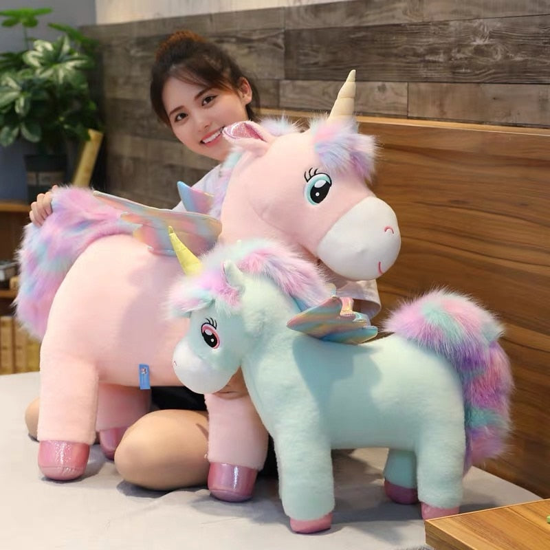 30~80cm Unique Glowing Wings Unicorns Plush toy Giant Unicorn Stuffed Animals Doll Fluffy Hair Fly Horse Toy for Child Xmas Gift