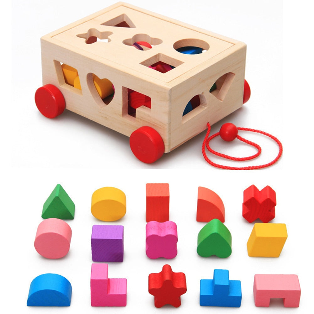 Montessori Shape Sorter Toys Wooden Pull Along Car Shape Matching Blocks Box Kids Intelligence Educational Toys For Kids