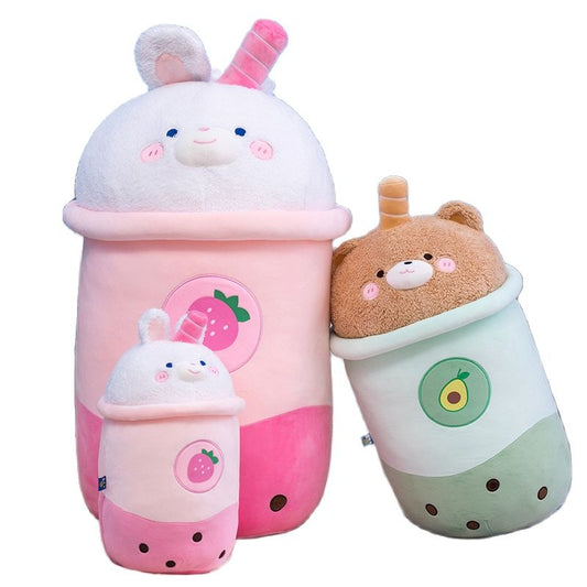 Adorable Cartoon Animals Boba Tea Plush Toy Stuffed Avocado Brown Bear Pink Strawberry Bunny Milk Tea Cup Toy Big Hug Pillow Toy