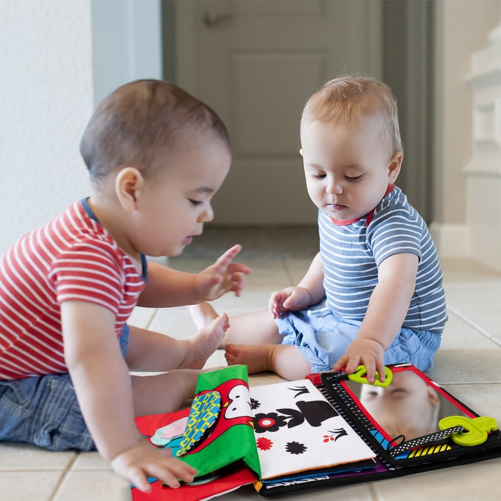 teytoy Tummy Time Floor Mirror with Crinkle Cloth Book and Teethers for Baby Toys, Developmental Montessori Sensory Crawling Toy