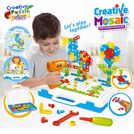 Drilling Screw 3D Creative Mosaic Puzzle Toys For Children Building Bricks Toys Kids DIY Electric Drill Set Boys Educational Toy